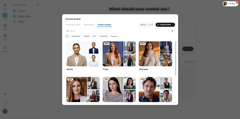 HeyGen choose avatar modal displaying public studio avatars including Annie Cora and Marieke