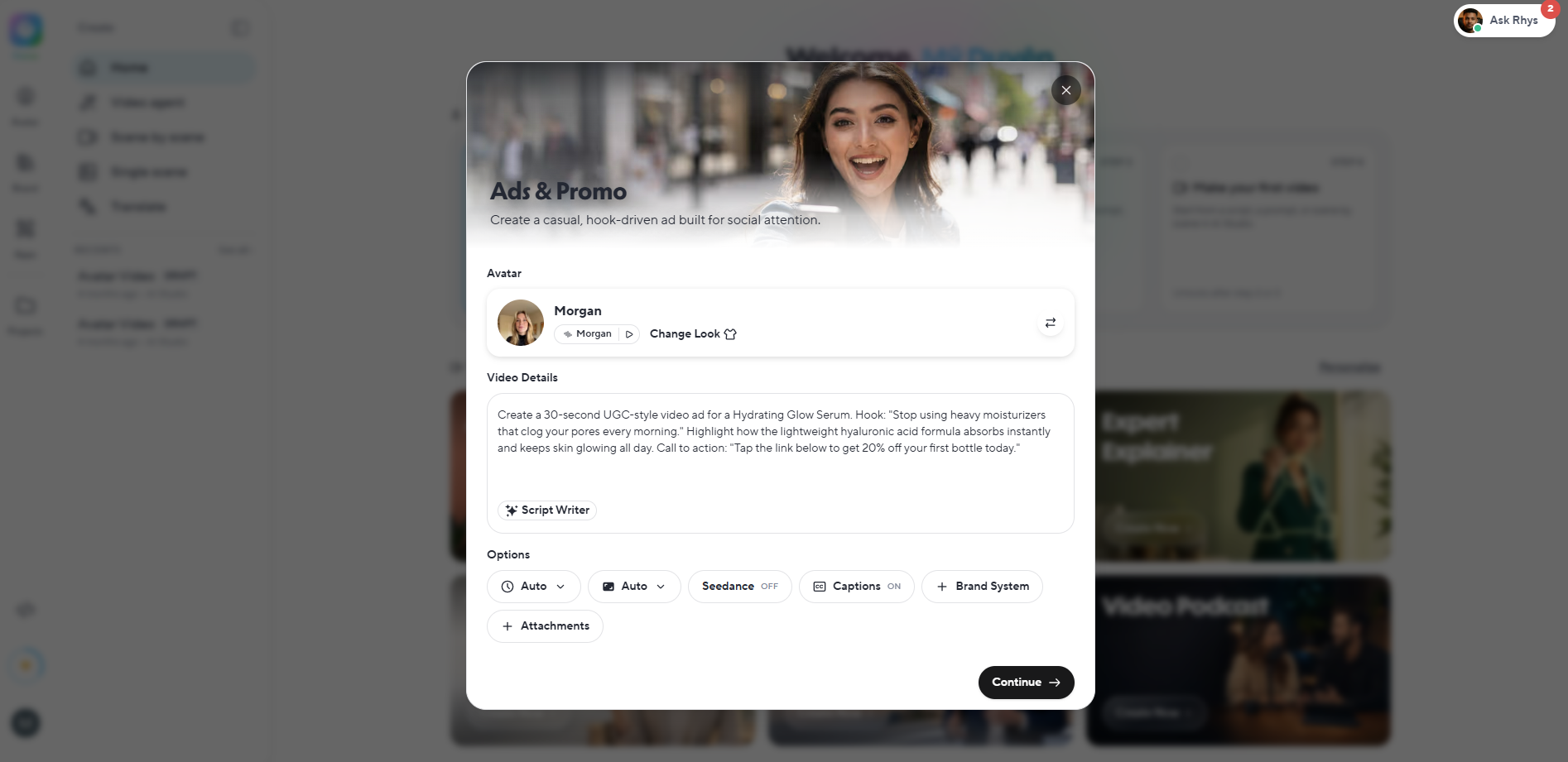 HeyGen Ads and Promo modal setting up AI avatar video prompt and script details