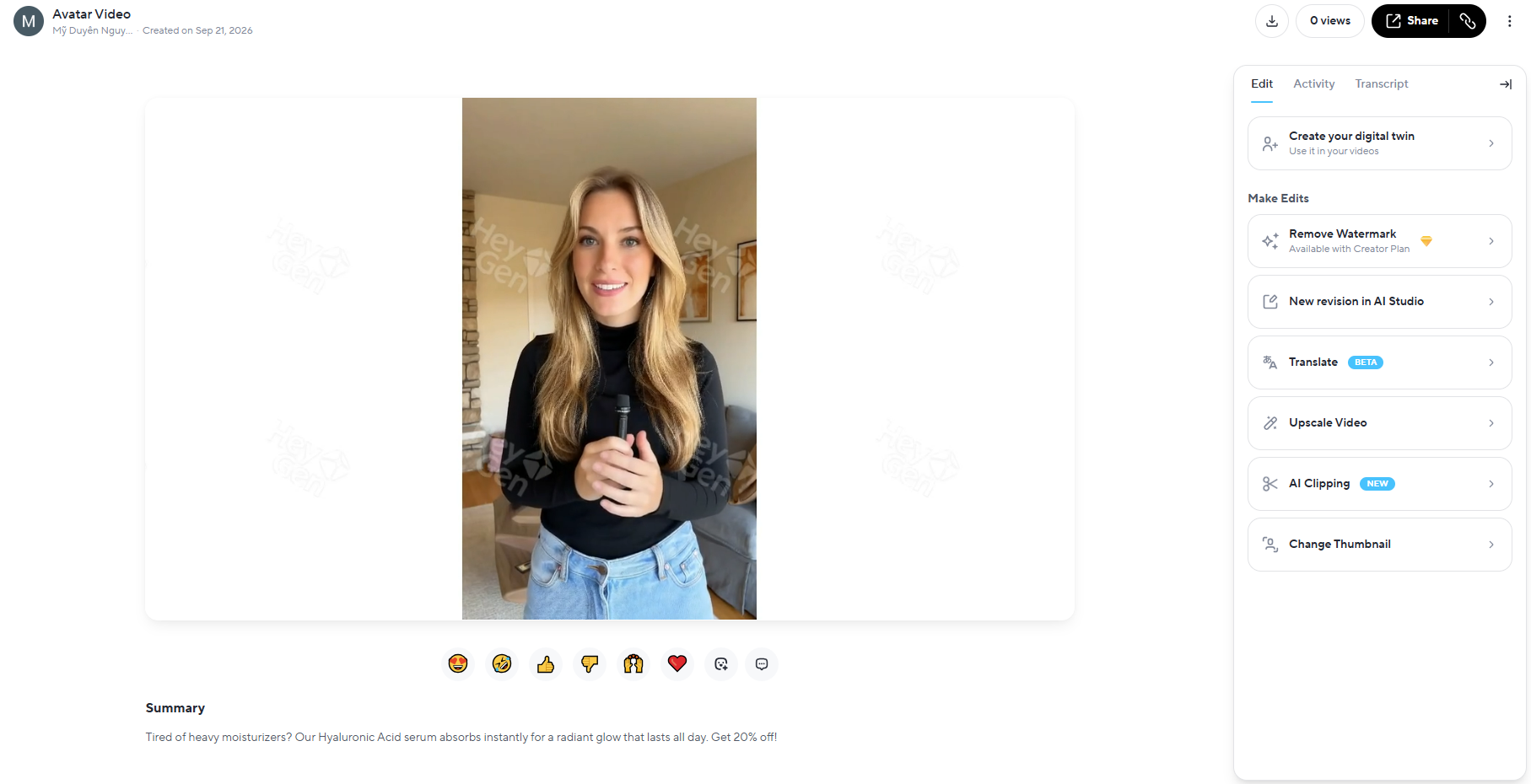 HeyGen video player rendering UGC avatar ad with hyaluronic acid serum script