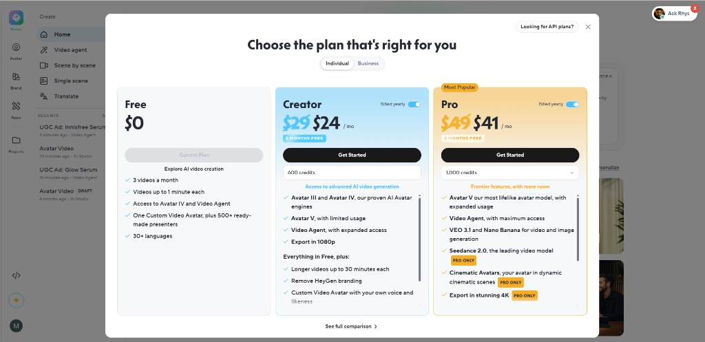 HeyGen plan modal showing Free Creator with 600 credits and Pro tiers