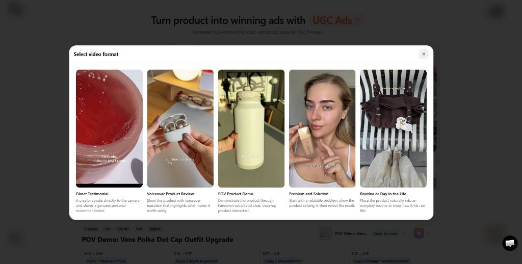 Testing Promer AI video format selector displaying five conversion-focused UGC ad frameworks