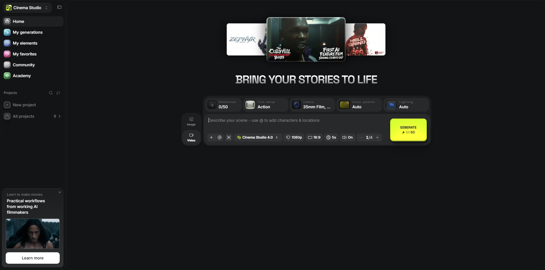 Higgsfield Cinema Studio 4.0 interface showing film setup camera dials references and 1080p settings