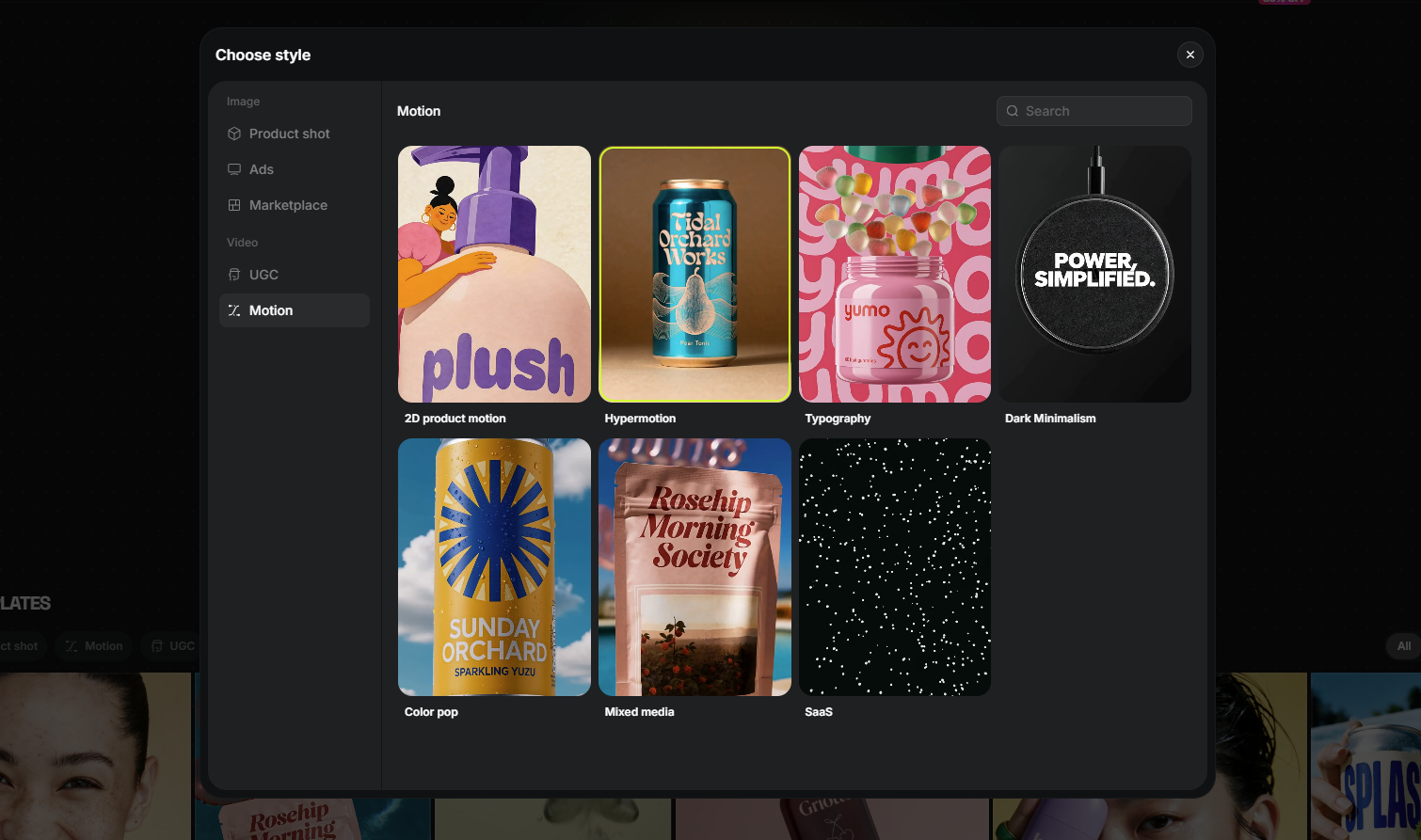 Higgsfield Marketing Studio template library displaying product motion setups
