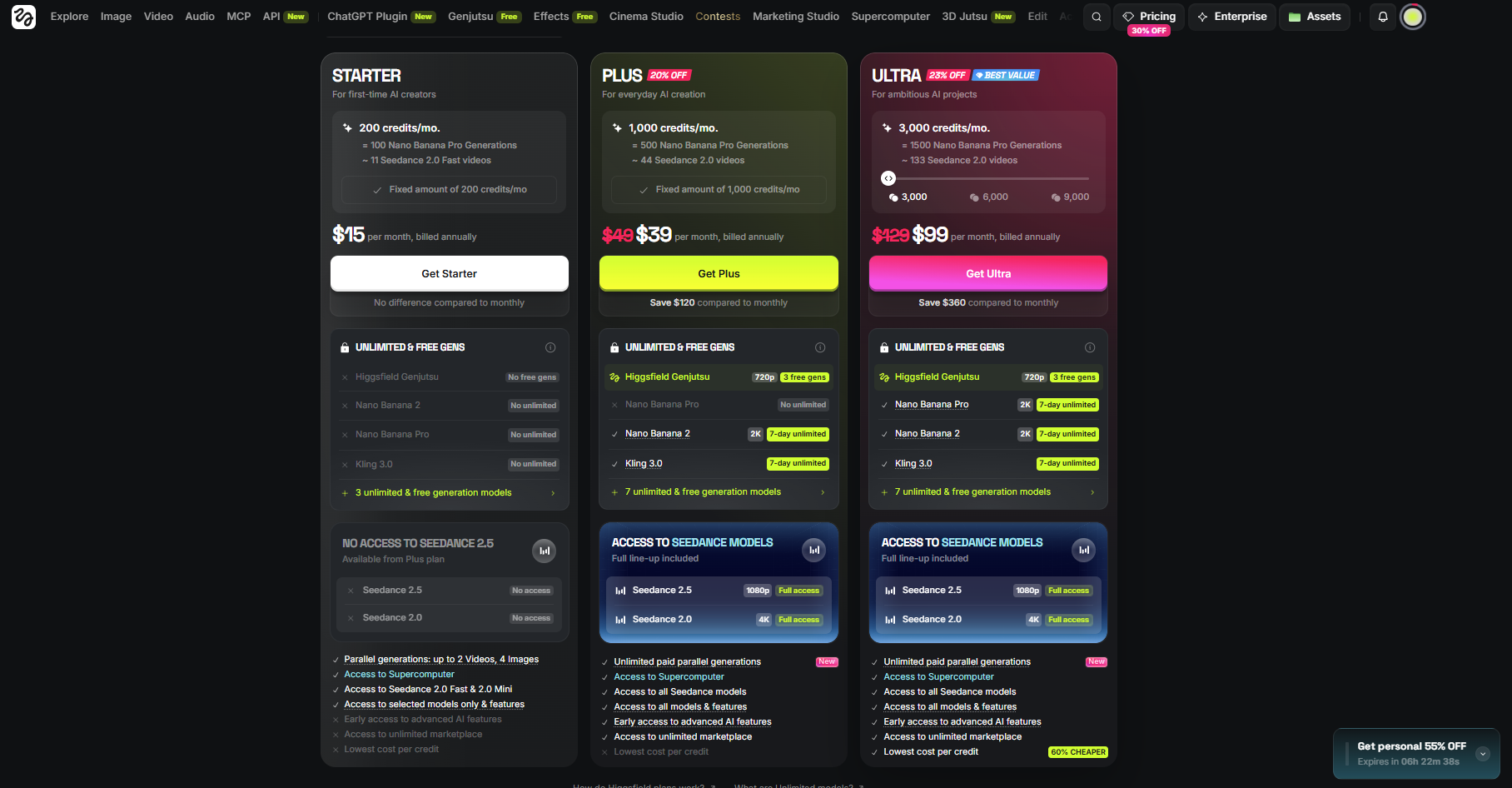 Higgsfield AI review pricing plans modal displaying Starter Plus and Ultra credit tiers
