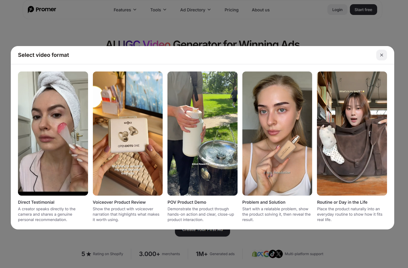Promer AI UGC video generator interface selecting five proven ecommerce ad conversion formats