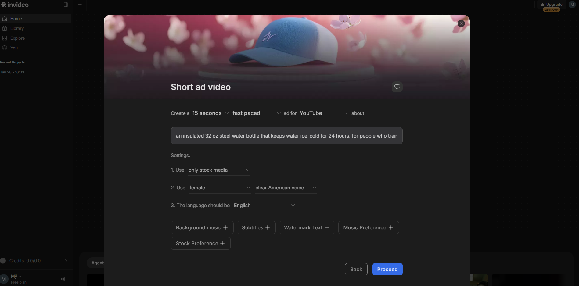 InVideo Product Ads form showing 15-second YouTube ad configuration