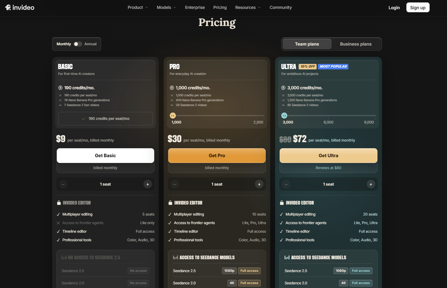 InVideo AI pricing page on monthly billing displaying Basic, Pro, and Ultra tiers