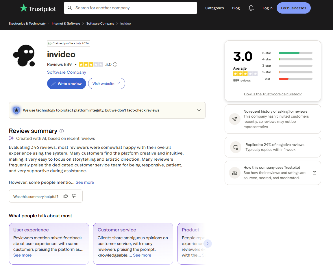 Trustpilot profile for ai invideo io displaying 3.0 rating
