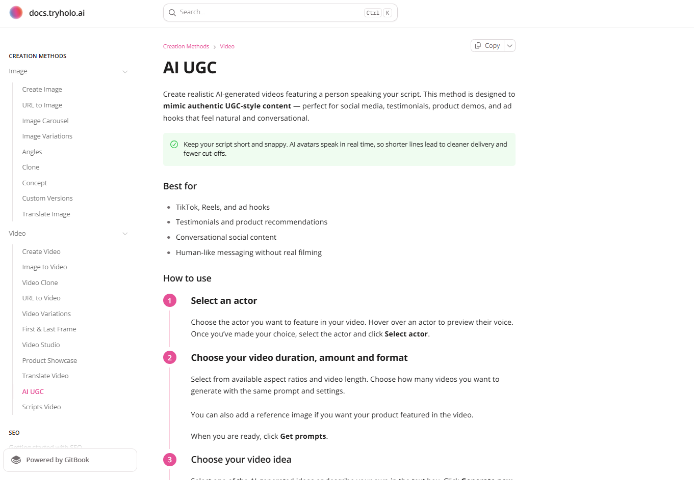 Holo AI documentation sidebar listing eleven video creation methods including AI UGC and Video Studio