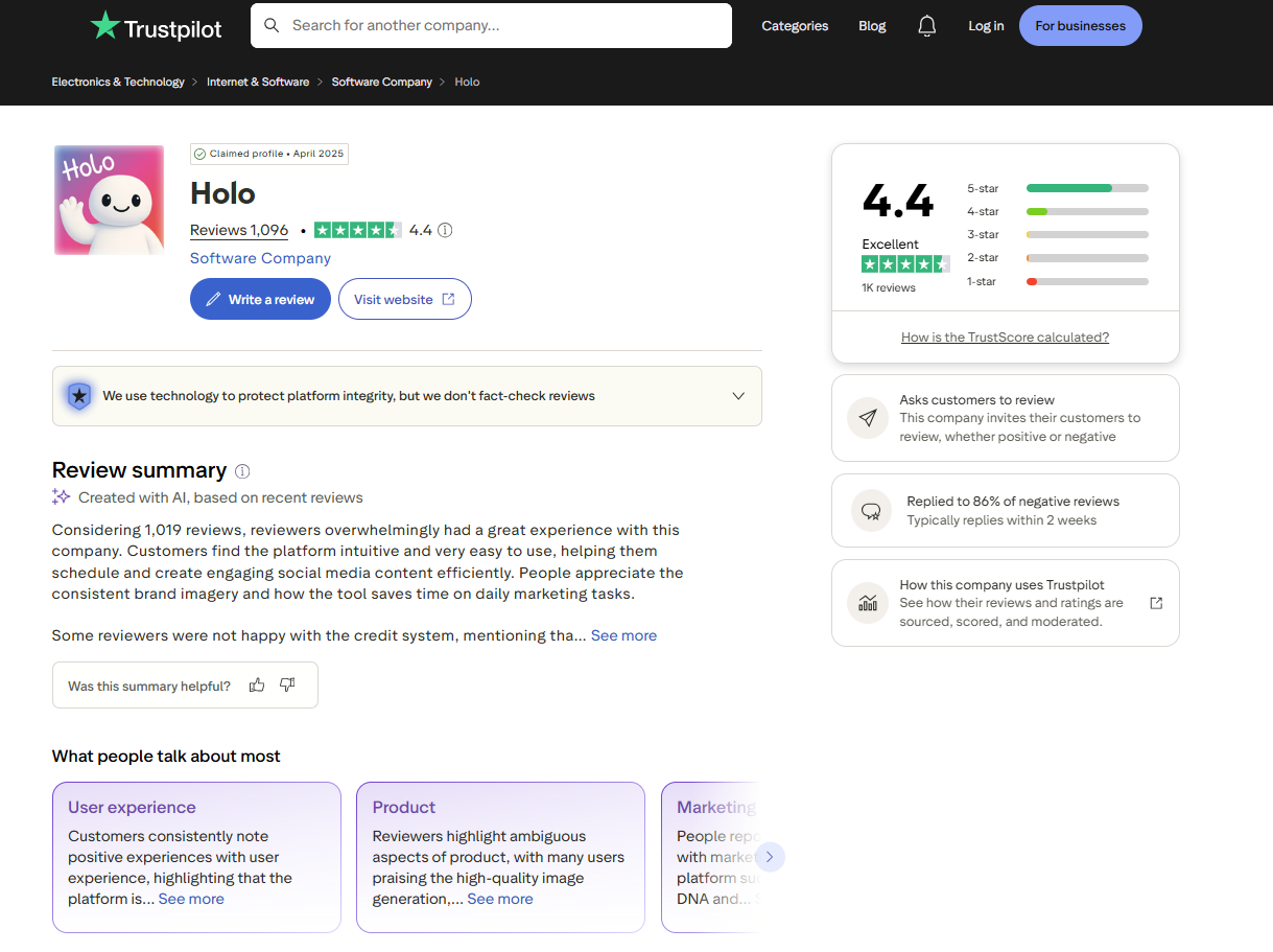 Holo AI Trustpilot profile displaying a 4.4 TrustScore rating