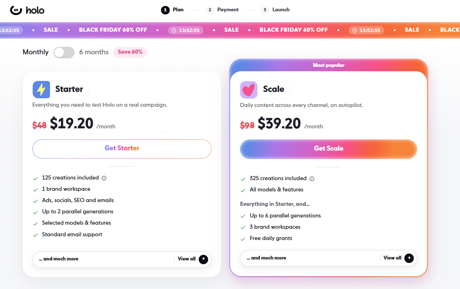 Holo AI pricing page displaying Starter and Scale monthly plans during a promotional sale