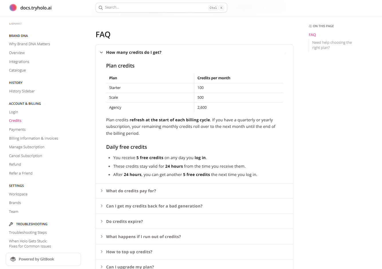 Holo AI help center credits article detailing monthly allowances and daily login bonus allocations