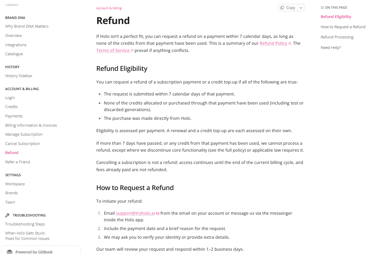 Holo AI refund policy section on the seven-day window and unused credits