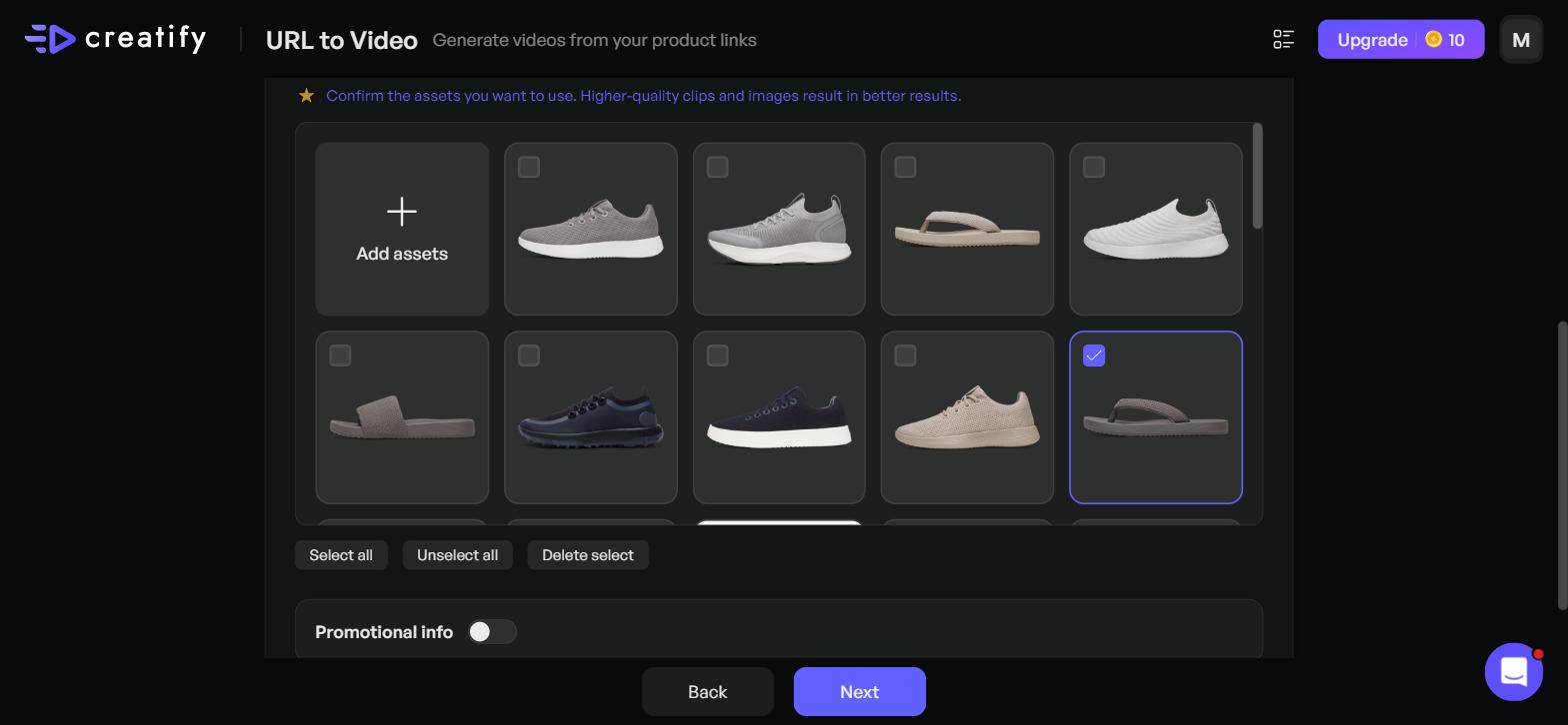 Creatify asset grid showing scraped store images with a flip-flop pre-selected instead of sneakers