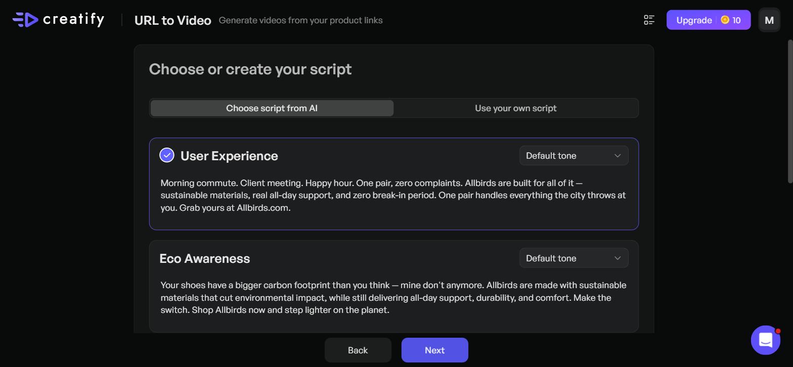 Creatify AI ad script generator displaying User Experience and Eco Awareness angles with tone selectors