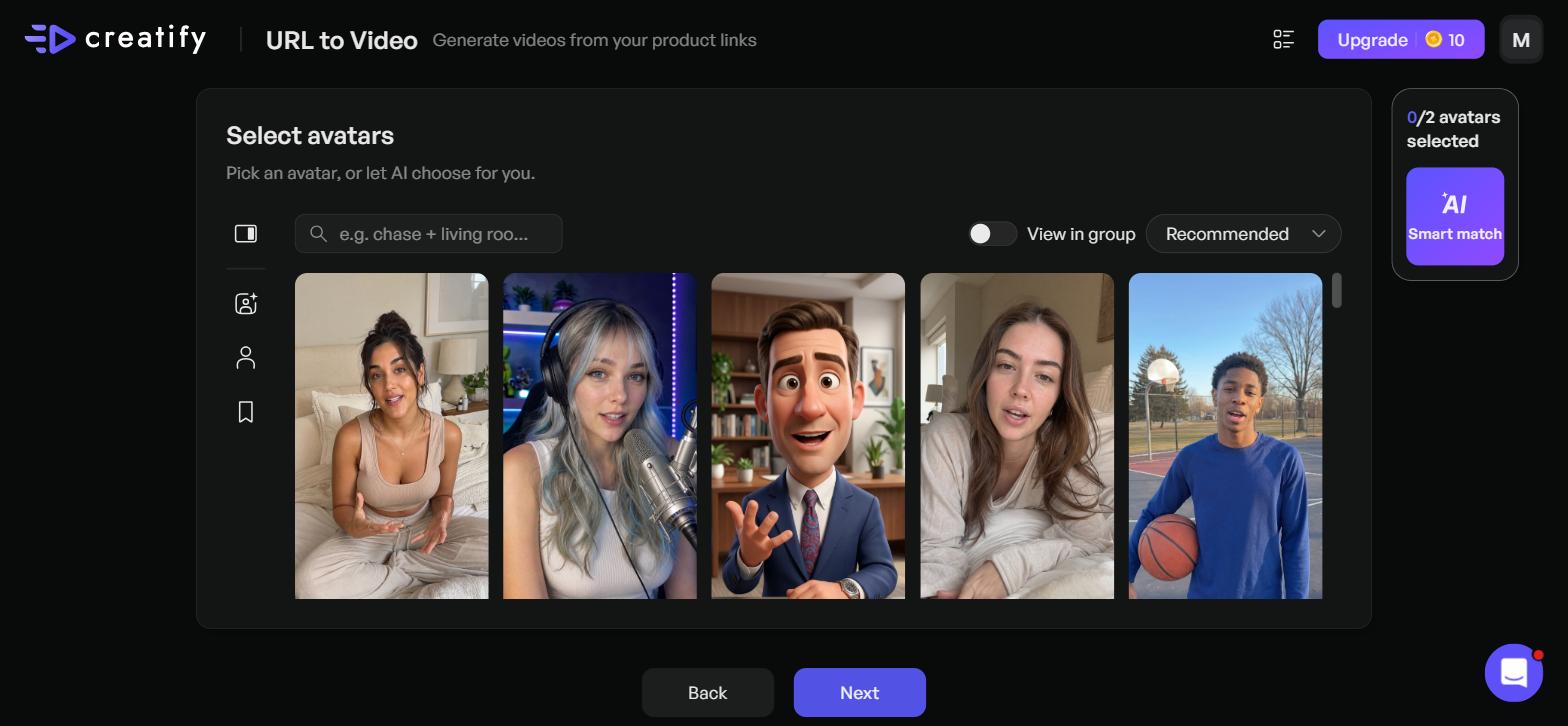 Creatify avatar library showing realistic UGC creators, animated characters, and AI Smart match feature