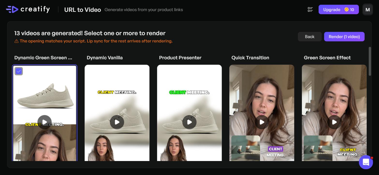 Creatify AI reviews test screen showing 13 generated video ad previews ready to render without spending credits