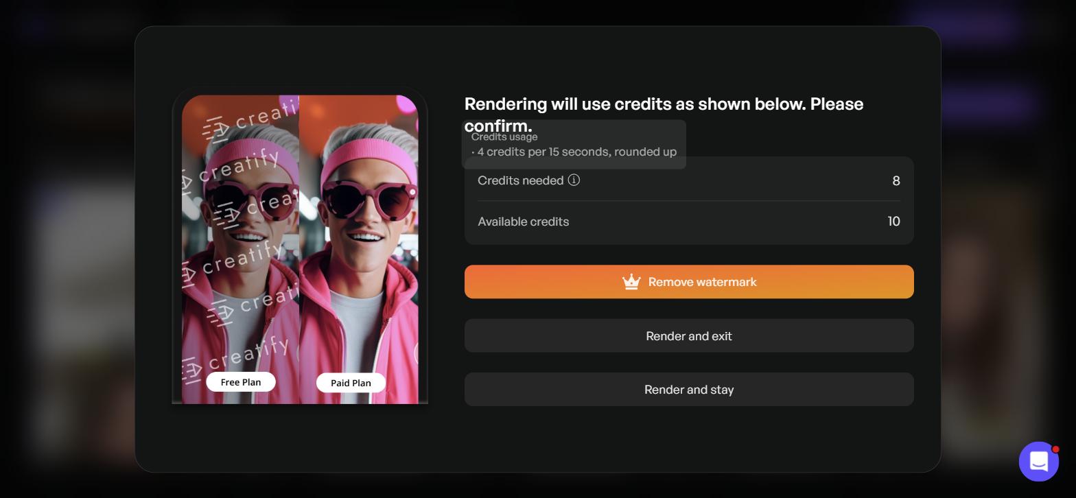 Creatify render confirmation panel showing 8 credits required for a 16-second video ad export