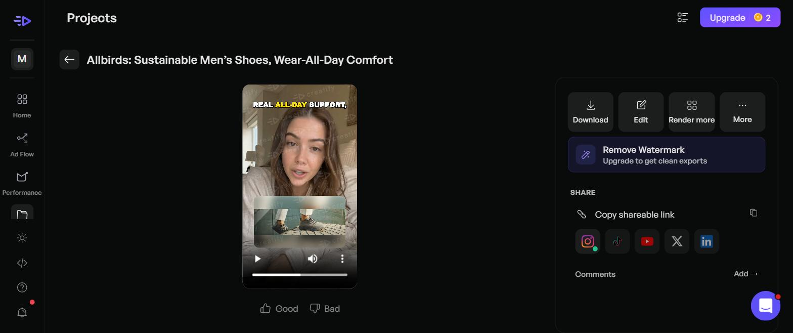 Finished 1080x1920 vertical video ad rendered in Creatify with AI avatar, dynamic captions, and faint watermark