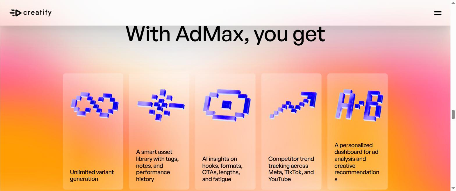 Creatify AdMax features page highlighting unlimited ad variants, creative testing, and competitor ad tracking