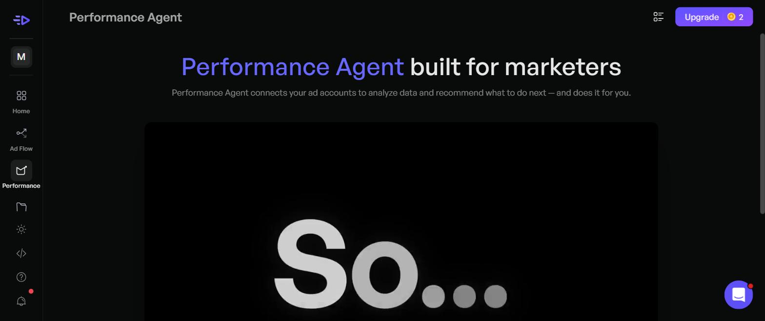 Creatify Performance Agent dashboard showing ad account integration and AI media buying capabilities