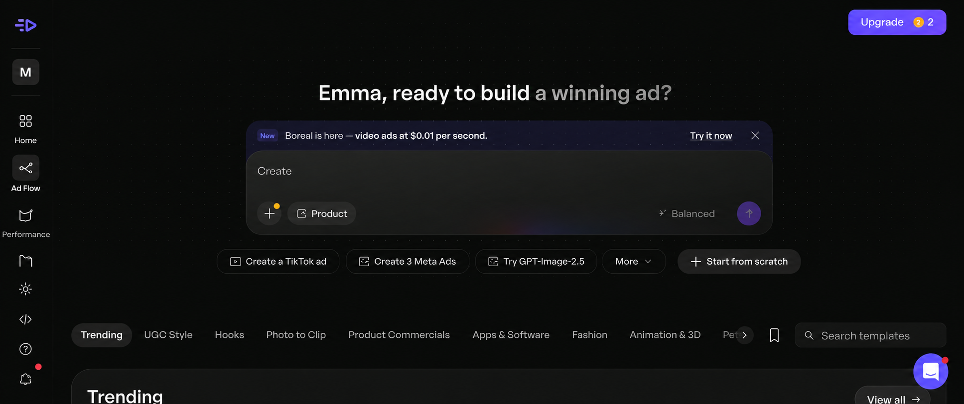 Creatify AdFlow node canvas start screen with prompt box and pre-built UGC video templates