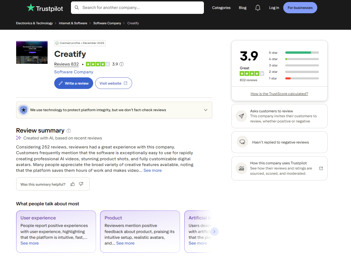 Creatify Trustpilot rating profile showing a 3.9 out of 5 score from 832 verified customer reviews