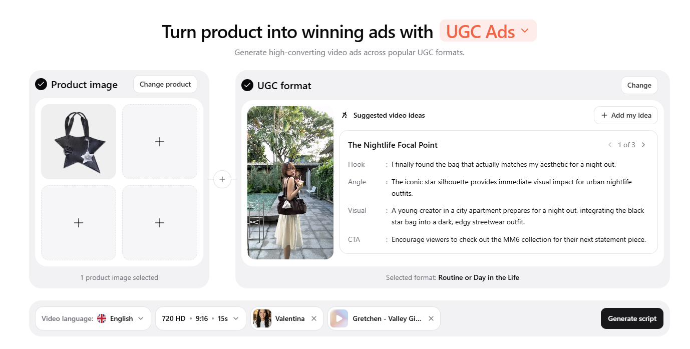 Promer AI UGC Ads generator showing structured Hook, Message, Visual, and CTA angles before rendering