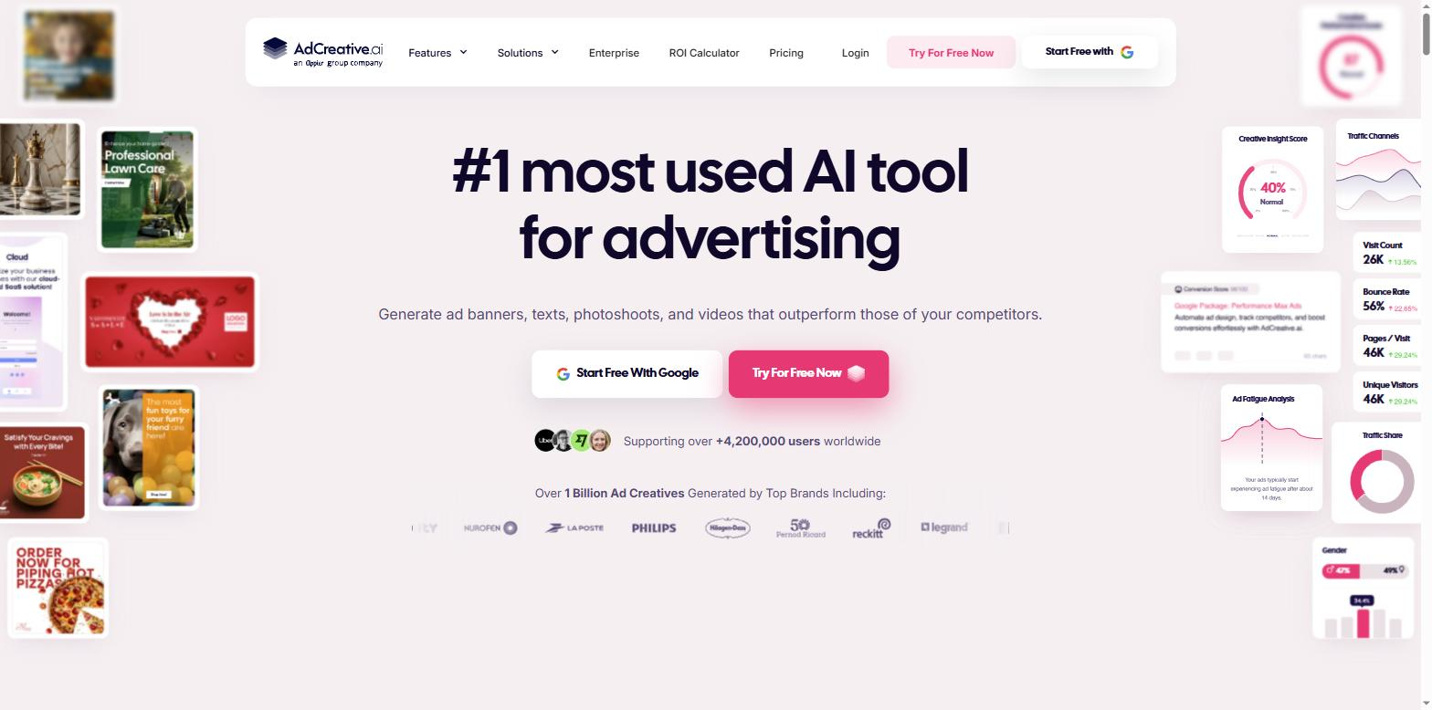 AdCreative.ai homepage with free trial buttons