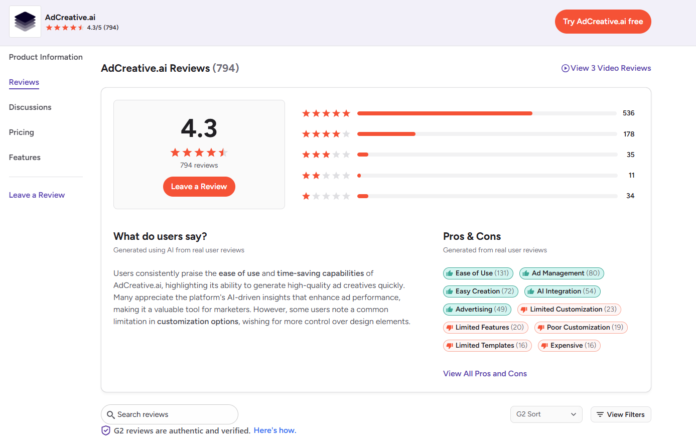 AdCreative.ai reviews on G2 averaging 4.3