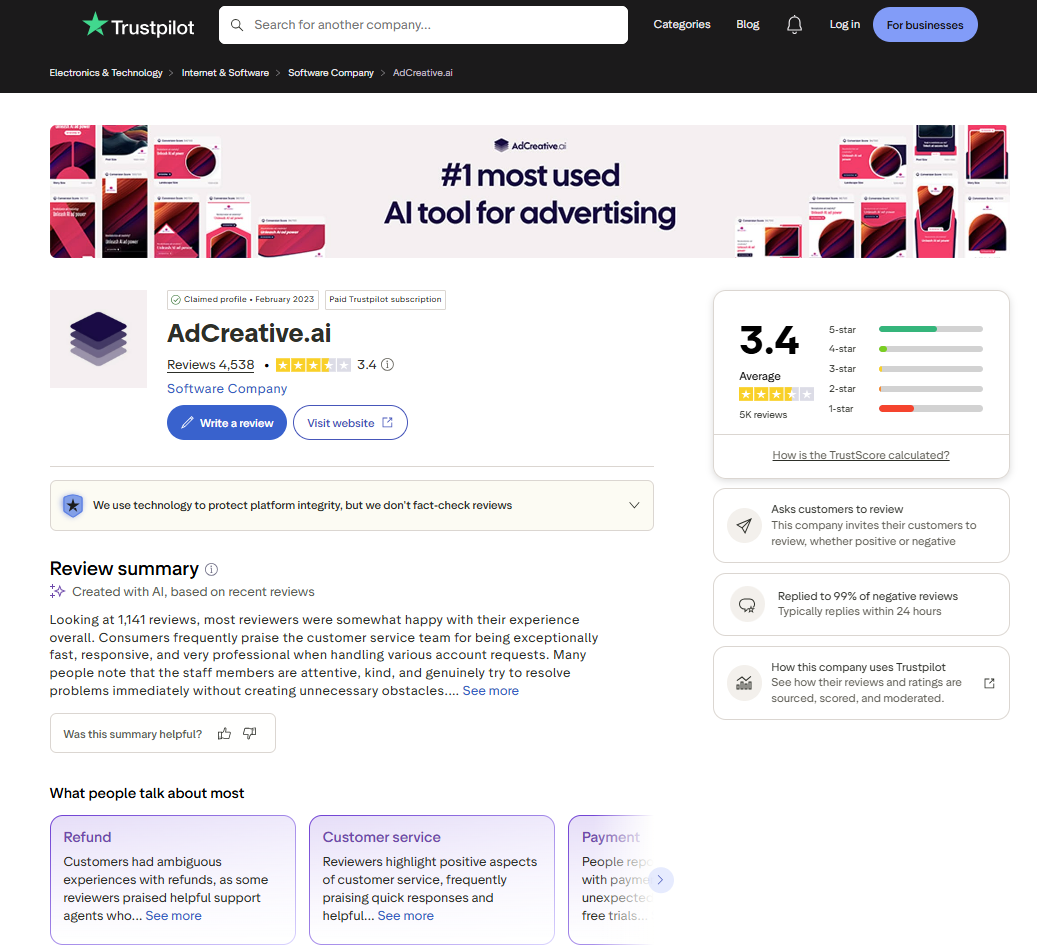 Trustpilot profile for AdCreative.ai showing a 3.4 TrustScore