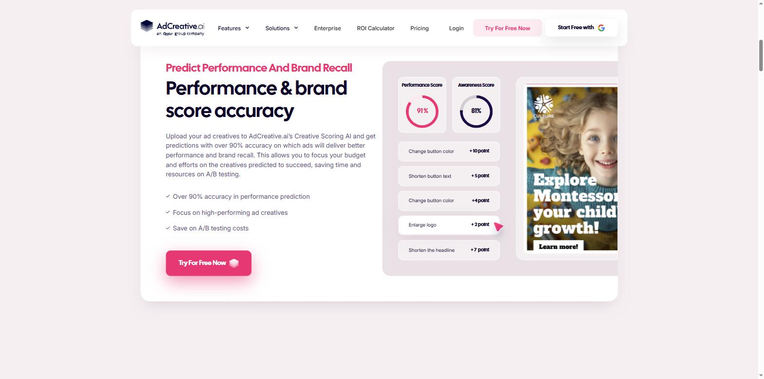 Creative Scoring AI demo showing 91% performance, 81% awareness and point-valued tips