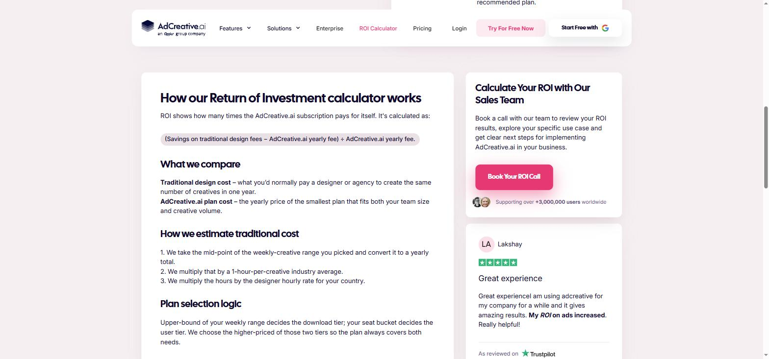 AdCreative.ai ROI calculator formula comparing design fees against the yearly subscription fee