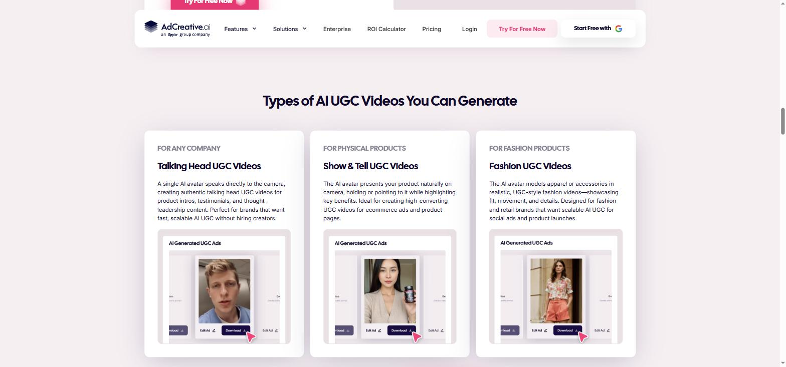 AdCreative.ai UGC Videos AI formats: Talking Head, Show and Tell, and Fashion avatars