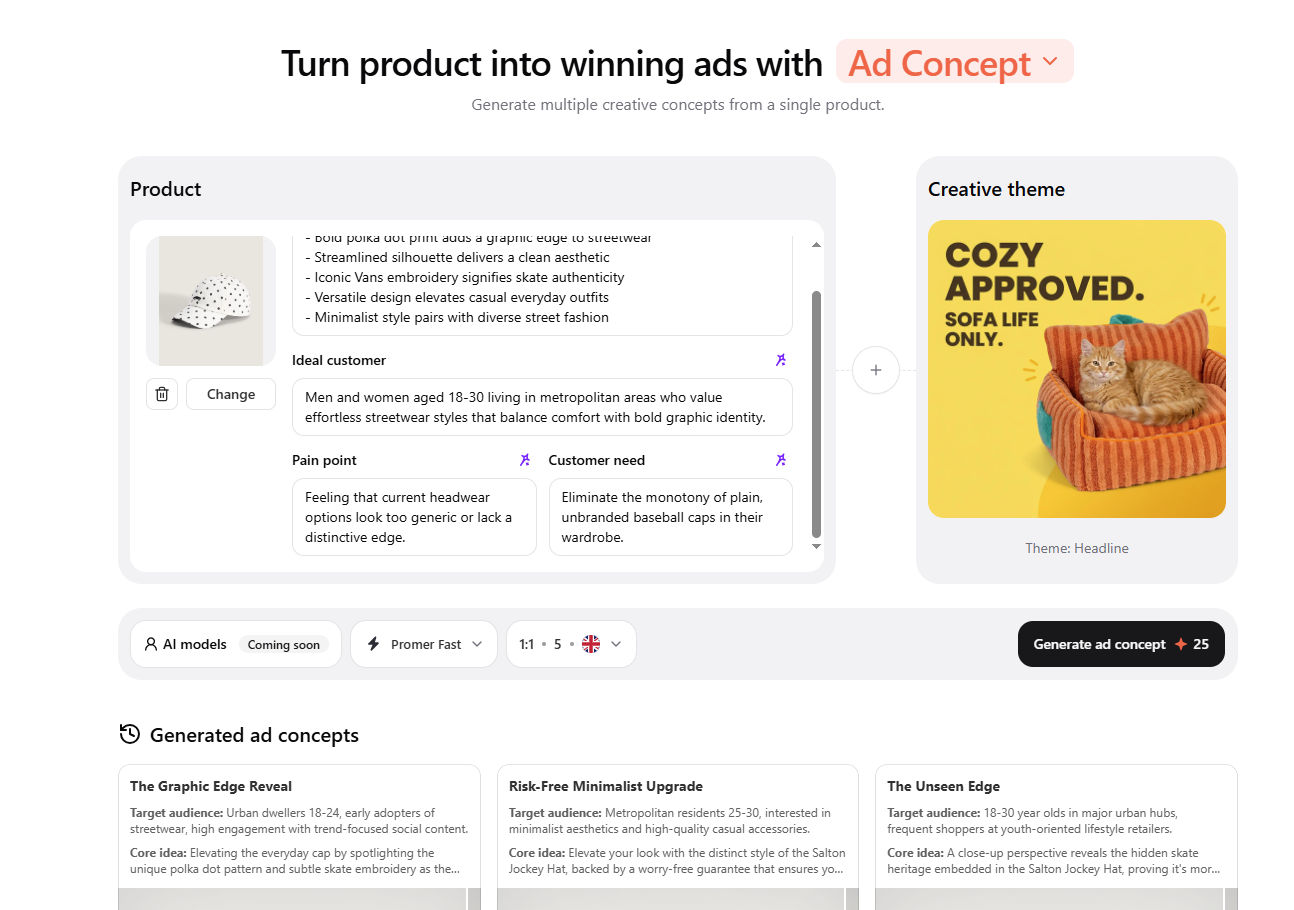 Promer AI AI Ad Concept analysis with product highlights, ideal customer, pain point and need