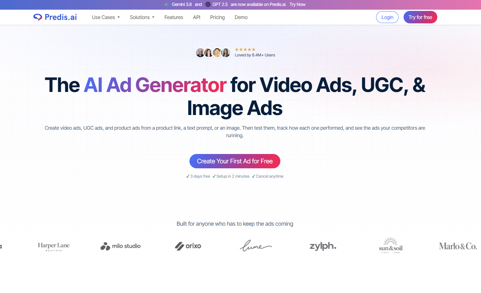 Predis.ai homepage hero with the AI ad generator headline and a 3 days free note