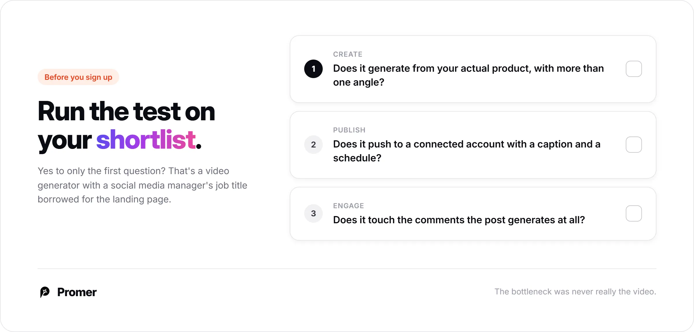Applying the create, publish, engage test to your own shortlist