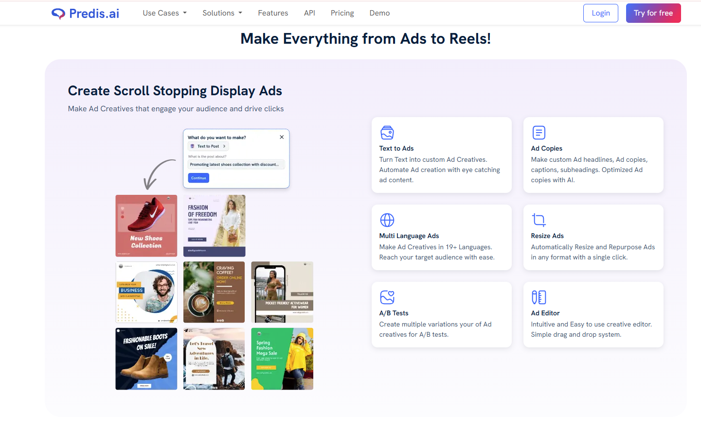 Predis.ai features page headline promoting a social media tool built to grow 10X