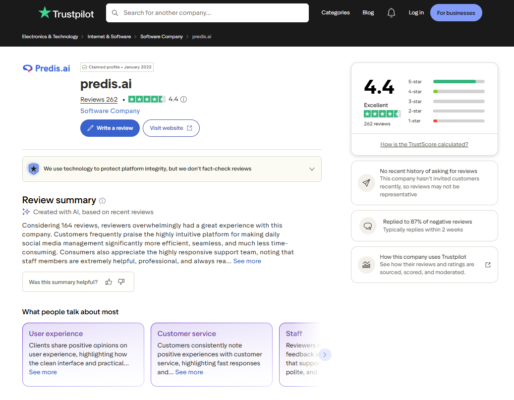 Predis.ai reviews on Trustpilot showing a 4.4 rating