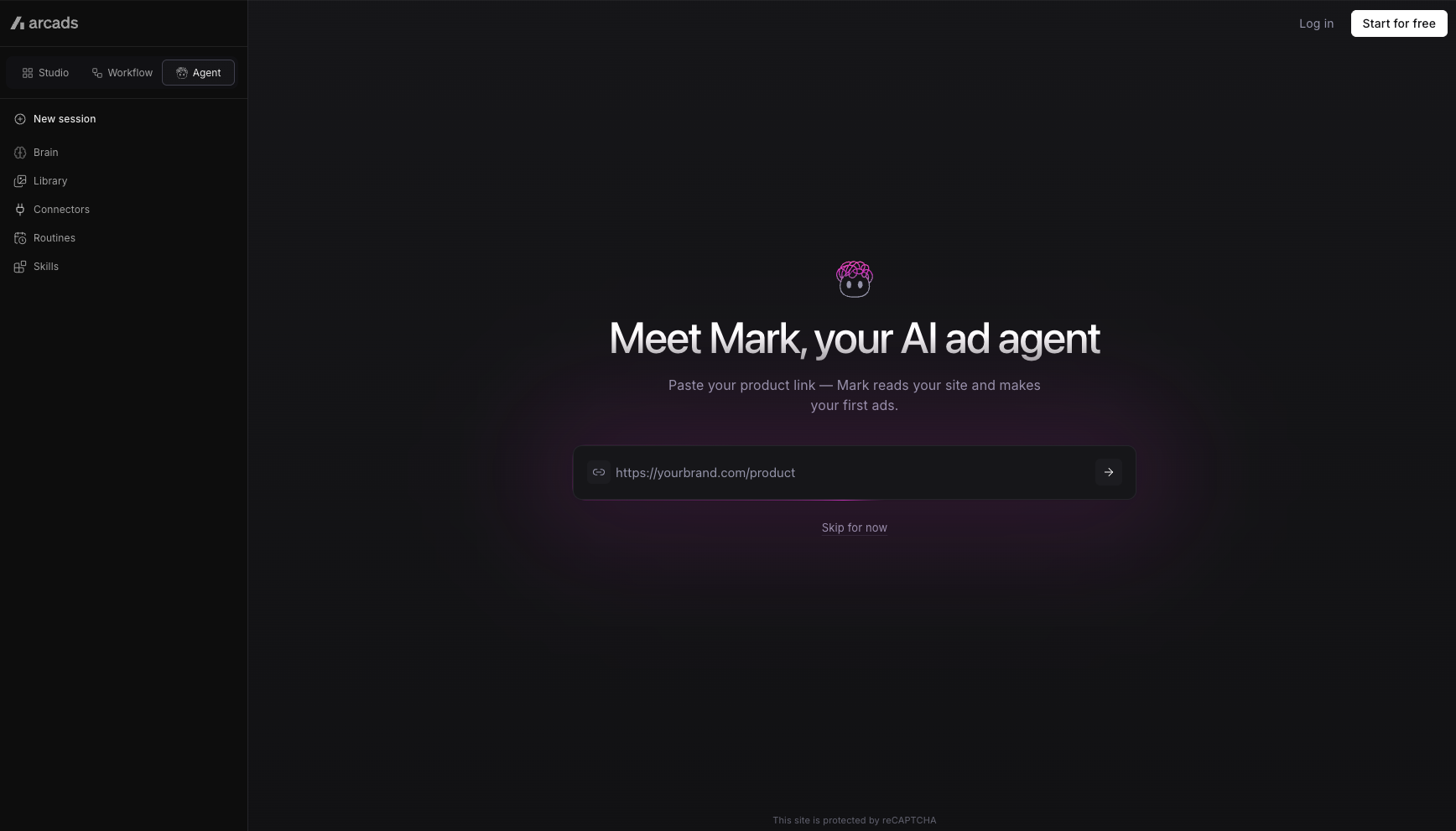 New Arcads homepage with AI ad agent