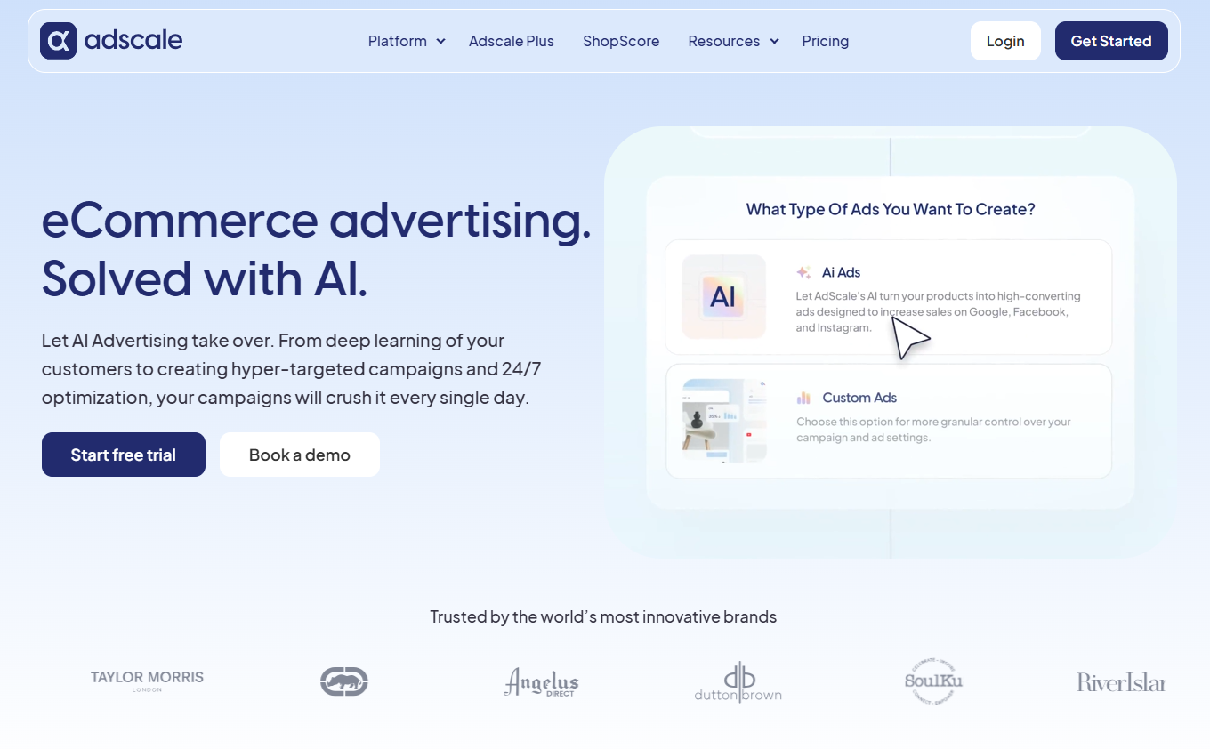 AdScale homepage hero reading eCommerce advertising. Solved with AI. with a Start free trial button