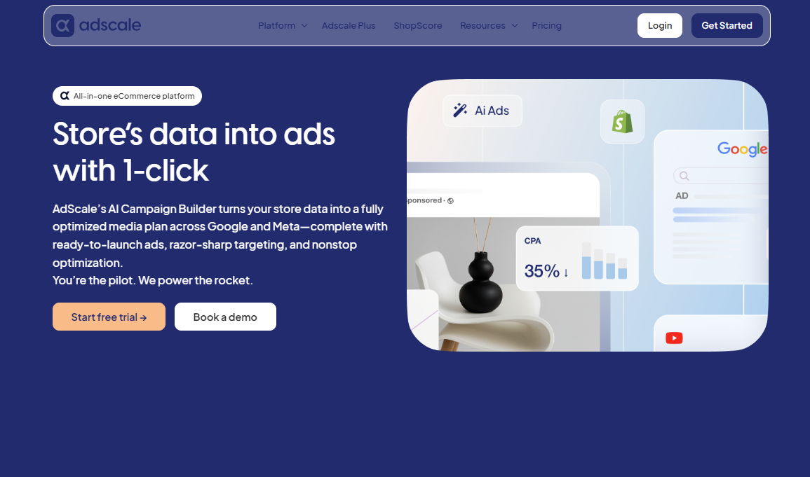 AdScale AI Campaign Builder page promising a 1-click media plan across Google and Meta