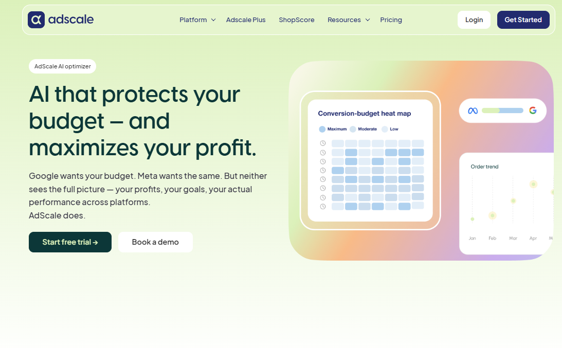 AdScale AI Optimizer page headed AI that protects your budget and maximizes your profit