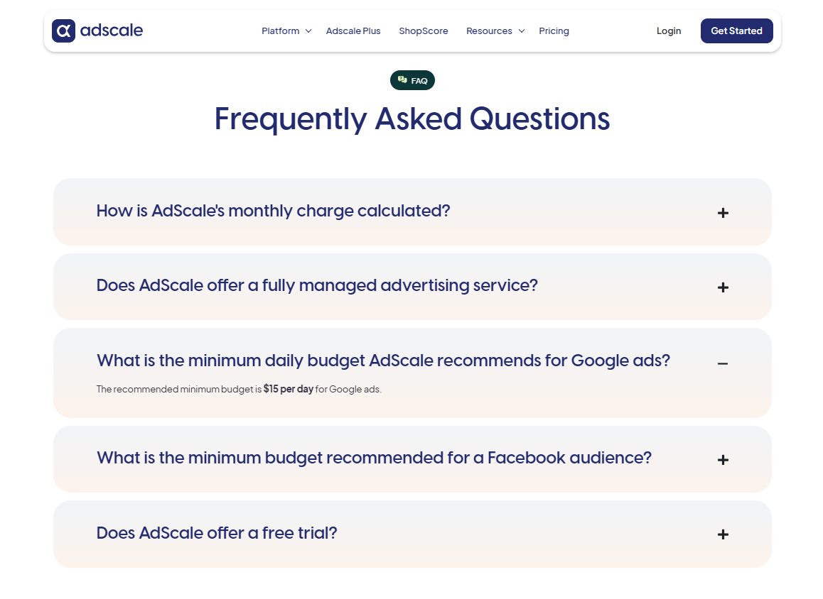 AdScale pricing FAQ confirming a 14-day free trial and a $15 daily minimum for Google ads