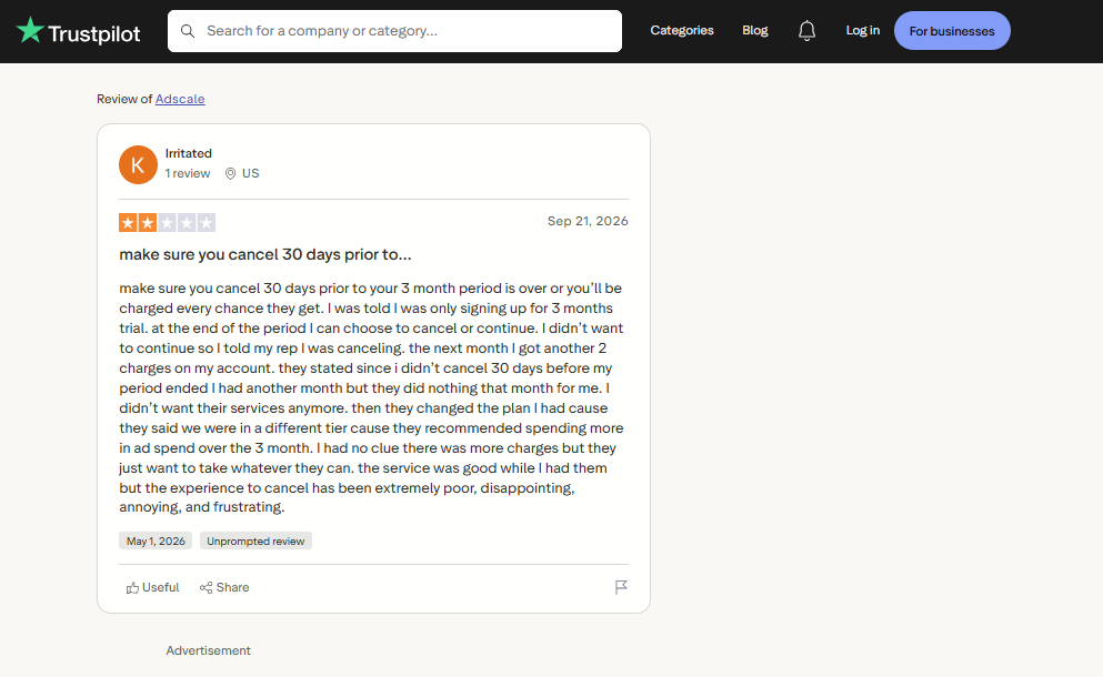 Trustpilot two-star AdScale review warning to cancel 30 days before a three-month period ends