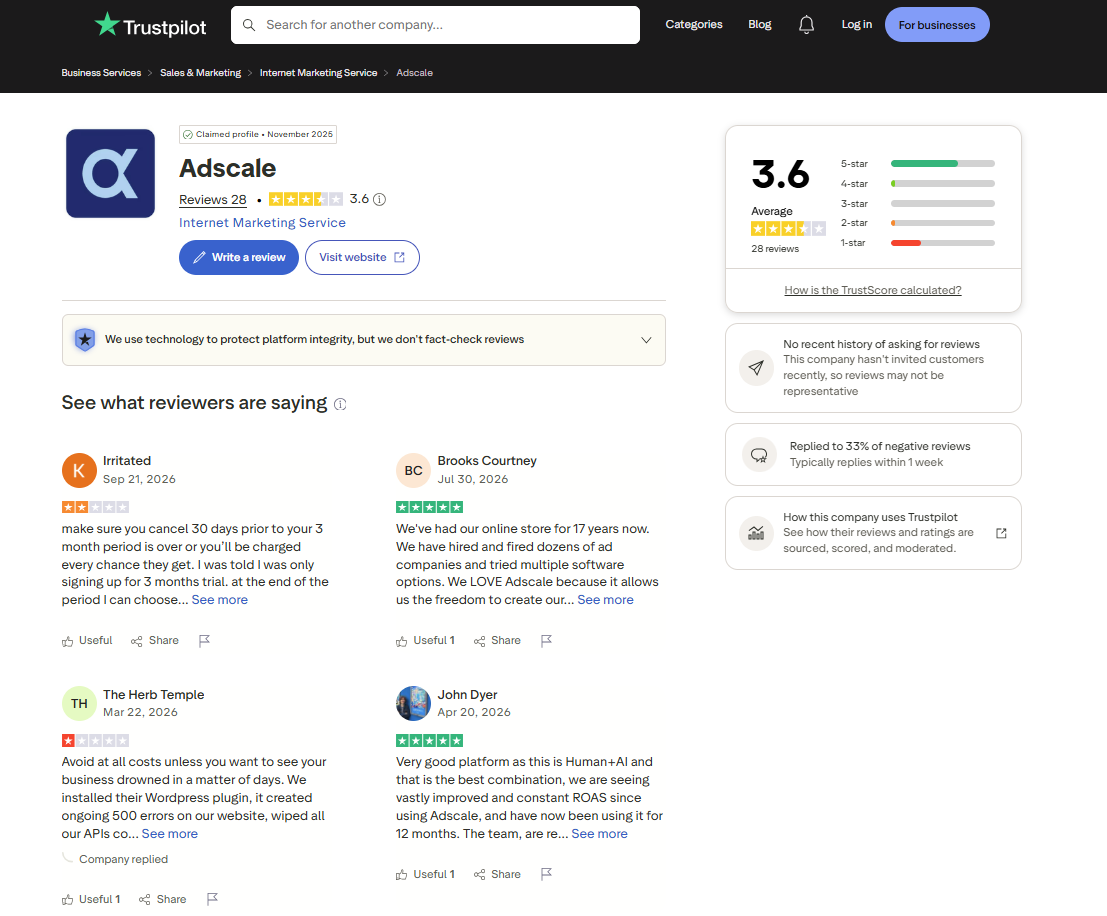 Trustpilot profile for AdScale showing a 3.6 TrustScore