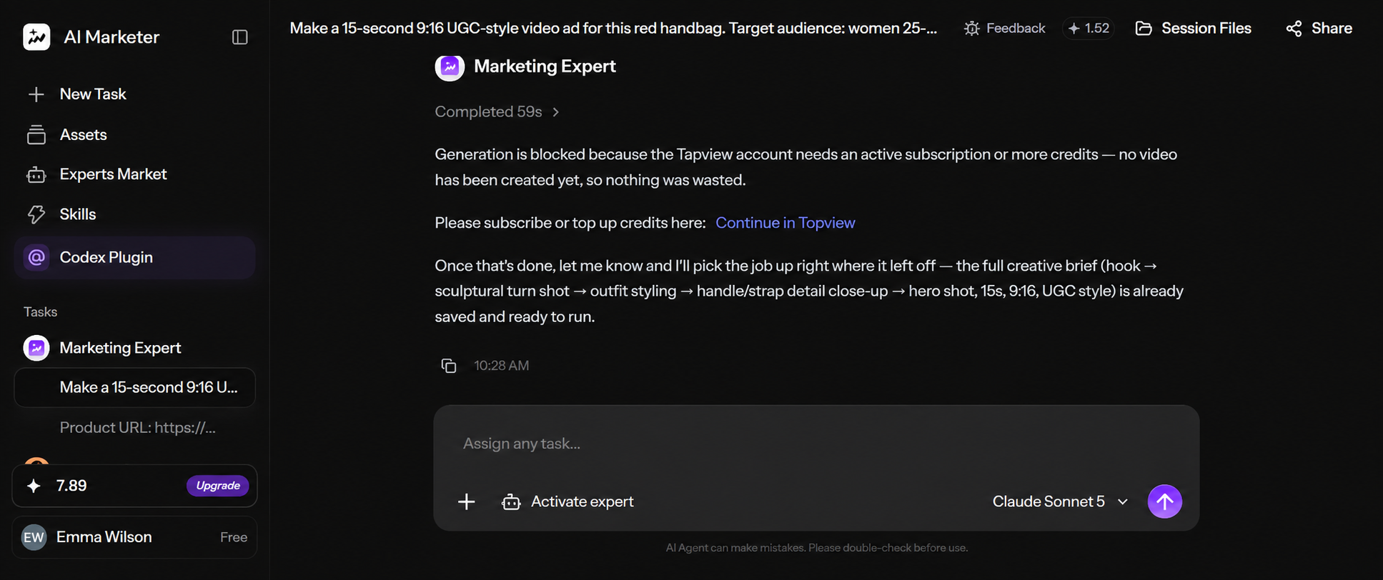 TopView AI reviews test: agent reply blocking video generation on the Free plan after planning the ad