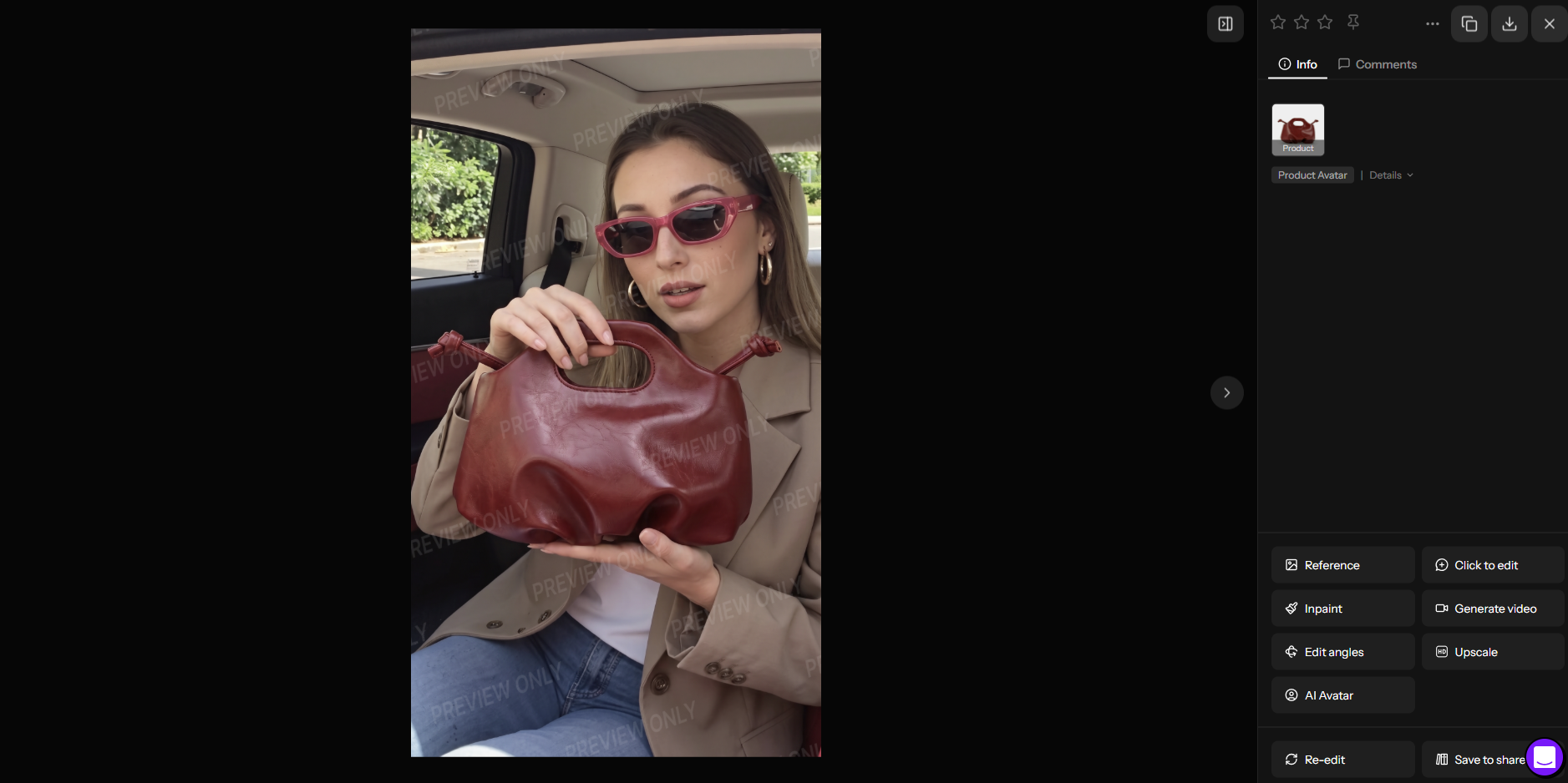 TopView Product Avatar output of a presenter holding a red sculptural handbag, with watermark