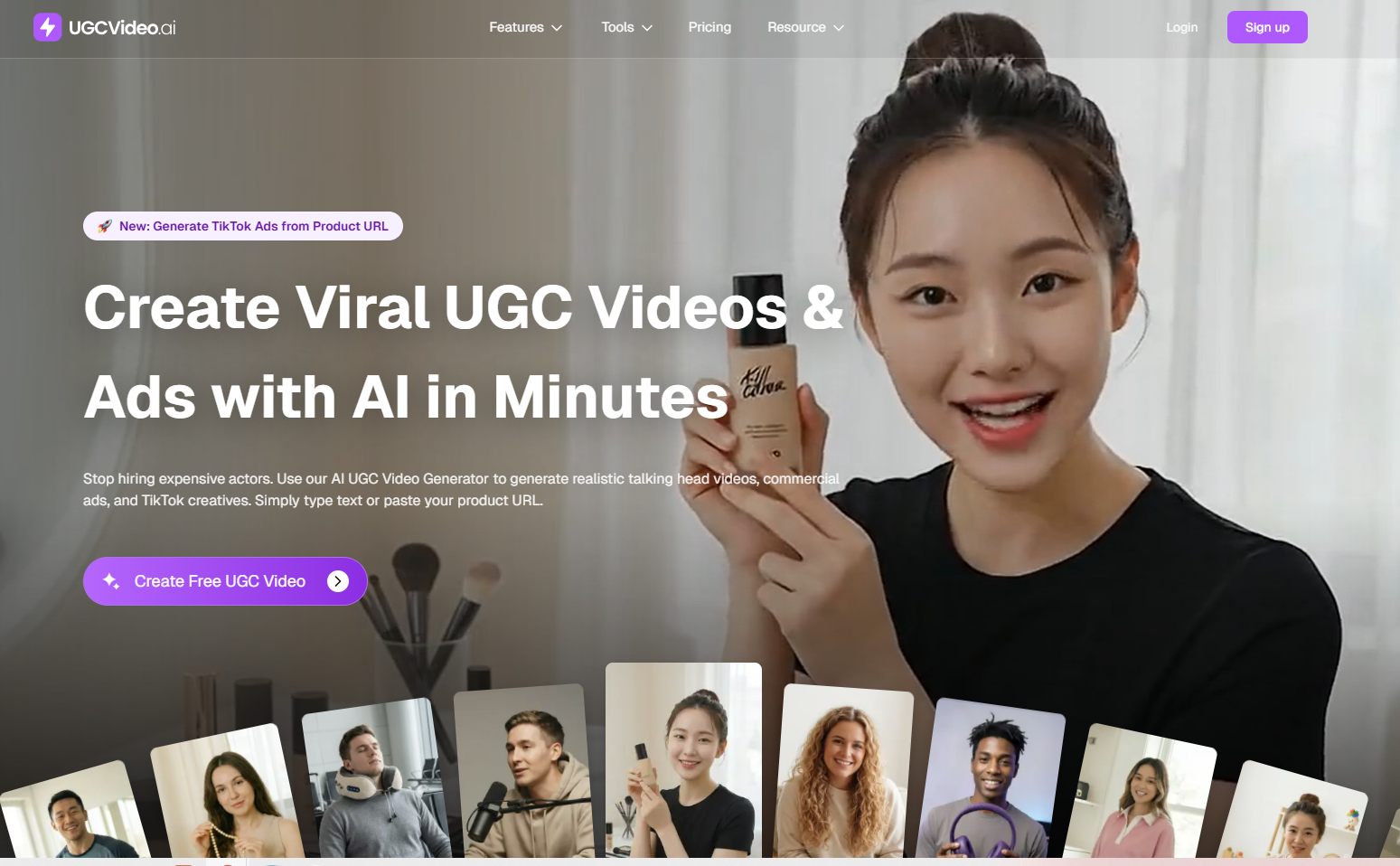 UGCVideo.ai homepage headline Create Viral UGC Videos and Ads with AI in Minutes
