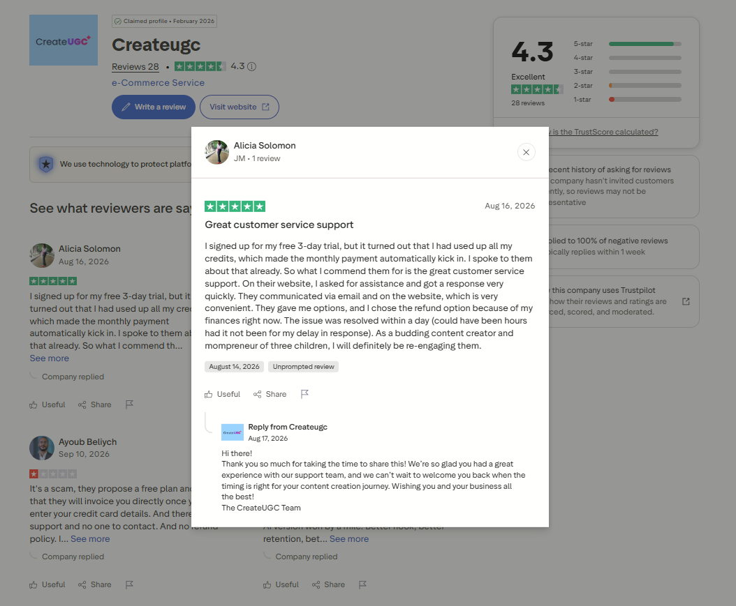 Trustpilot review describing a CreateUGC trial that moved to paid billing, with the company's reply